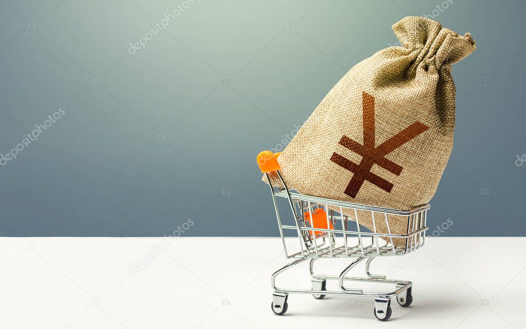 Yuan Yen money bag in a shopping cart. Profits and super profits. Minimum living wage. Business and trade concept. Public budgeting. Economic bubbles. Loans, microloans. Consumer basket.