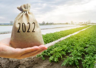 Money bag 2022 in the hands of a farmer and agricultural plantations. Harvesting, profit and budget concept. Investment in farming. Startups. Lending and subsidizing farmers. Harvest results clipart