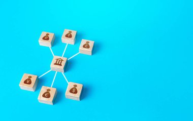 Bankayla dünya para birimlerinin birbirine bağlı para çantaları. Mali sistem, ulusal rezerv sistemi konsepti. Yatırım fonları. Kredi kaynaklarının uluslararası sermaye piyasalarında cazibesi. Ödünç alıyorum.