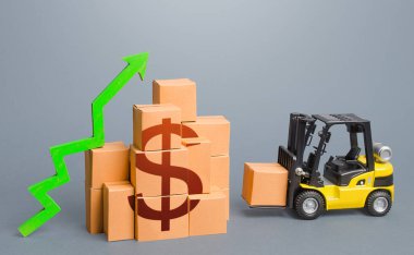 Forklift near a stack of dollar boxes with a green up arrow. Sales growth concept. Production and freight of goods. Increase in imports and exports, economic recovery. World trade traffic. High income