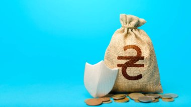 Ukrainian hryvnia money bag and protection shield. Guarantee protection savings and investments. Secured loan. Financial instruments. Ease doing business. Avoiding loss of funds during inflation.