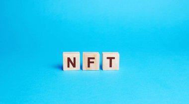 Wooden blocks NFT - non-fungible token. Digitally represented product or asset. Selling digital assets and art through auctions. Blockchain technology. Monetization, investment in cryptographic tokens clipart
