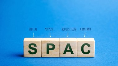 Wooden blocks with the word SPAC - Special purpose acquisition company. Simplified listing of company, merger bypassing stock exchange IPO. Assessment of benefits and risks of investments clipart