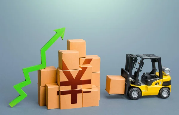 Forklift Halom Doboz Yen Vagy Jüan Szimbólum Zöld Fel Nyíl — Stock Fotó