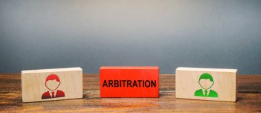 Wooden blocks with the image of two people and the word Arbitration between them. Alternative dispute resolution. Resolve disputes outside the judiciary courts. Conciliation, mediation, negotiation clipart