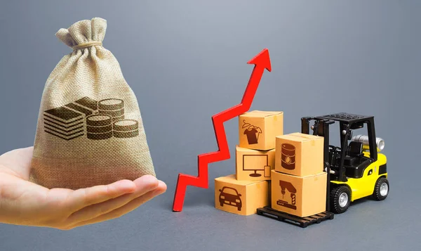 Para çantası, forklift, kutular ve kırmızı ok. Malların performans üretiminin büyümesi. İthalat, ihracat, ekonomik iyileştirme. Yüksek talep, fiyat. Aşırı üretim. Ekonomik gelişme
