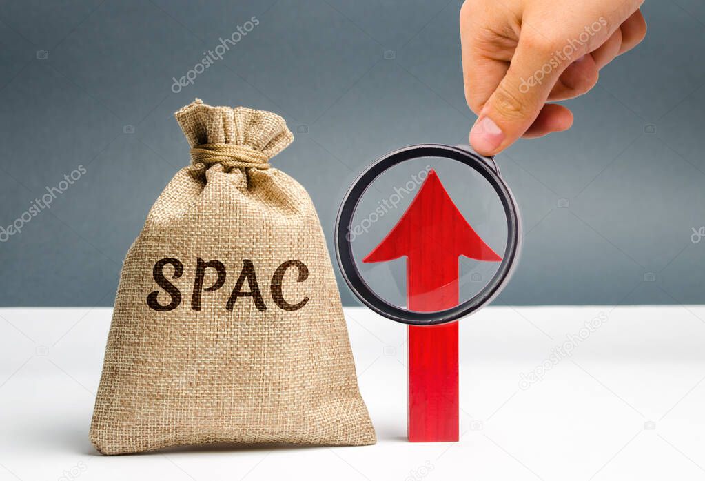 Money bag with the word SPAC and an up arrow. Special purpose acquisition company. Simplified listing of company, merger bypassing stock exchange IPO. Growth, increase. Assessment of benefits
