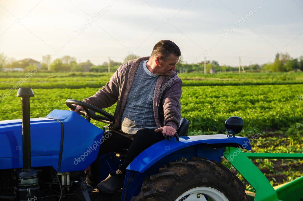A farmer drives a tractor while harvesting potatoes. First potato harvest in early spring. Agro industry and agribusiness. Harvesting mechanization in developing countries. Farming and farmland.