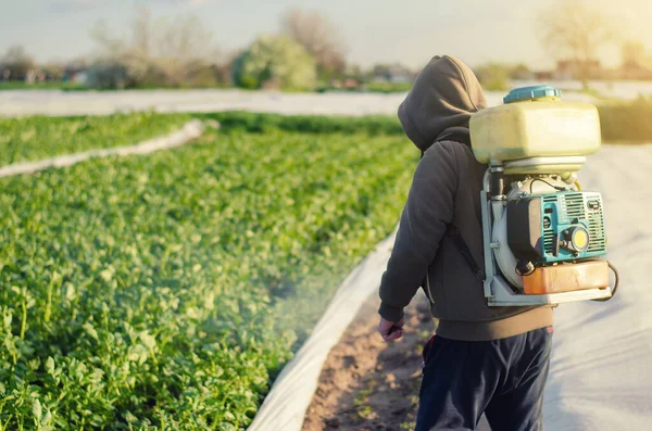 Agriculteur Muni Pulvérisateur Traite Une Plantation Pommes Terre Avec Organisme — Photo