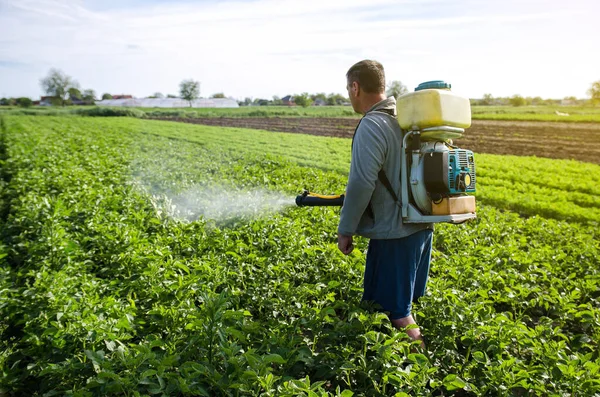 Agricultor Com Pulverizador Névoa Pulveriza Fungicida Pesticida Arbustos Batata Proteção — Fotografia de Stock