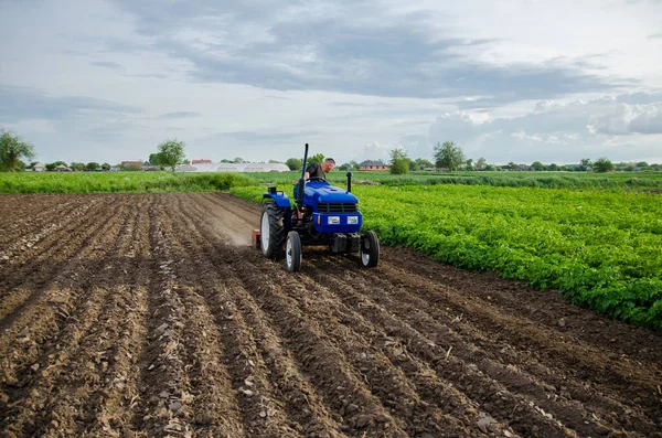 Farmer Tractor Cultivates Farm Field Milling Soil Crushing Loosening Ground — Stock Photo, Image