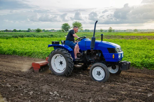 Agriculteur Cultive Champ Agricole Fraisage Sol Concassage Avant Couper Les — Photo