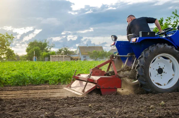 Agriculteur Cultive Champ Avant Replanter Des Semis Fraisage Sol Concassage — Photo