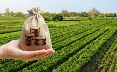 Money bag and farm field background. Lending and subsidizing farmers. Grants, financial support. Agribusiness profit . Land value valuation. Land tax. Agricultural startups. Secured loan. Investments clipart