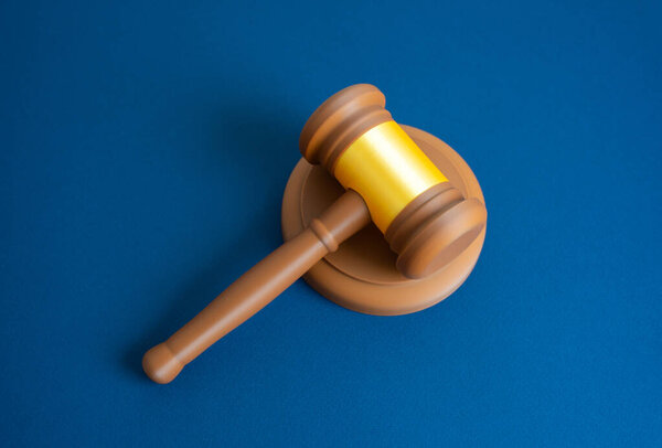 Judge's gavel on a blue background. Courts and democratic institutions. Justice and legislation. Legal reforms, political systems, democracy, court procedures, rule-of-law institutions.