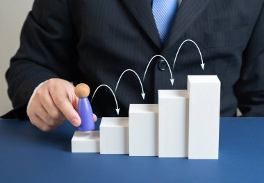 Bir işadamı basamakları tırmanır. Kariyer gelişimi, gelişim aşamaları. Şirket eğitimi, profesyonel başarı öyküleri ve motivasyon.