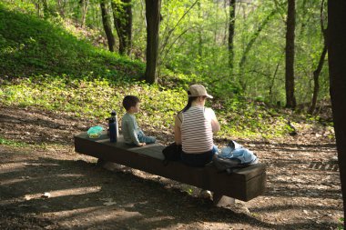 Anne ve dört yaşındaki küçük oğlu ormanda bir bankta oturmuş piknik yapıyor ve güneşli bir bahar gününün tadını çıkarıyorlar. Yaşam tarzı ve birlikte zaman geçirmek.