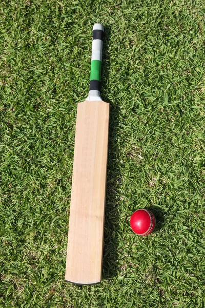 Cricketschläger und Ball auf grünem Gras — Stockfoto