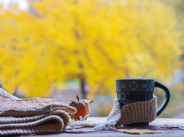 Dışarıda sıcak çay fincanı varken sonbahar sakin bir hayat.