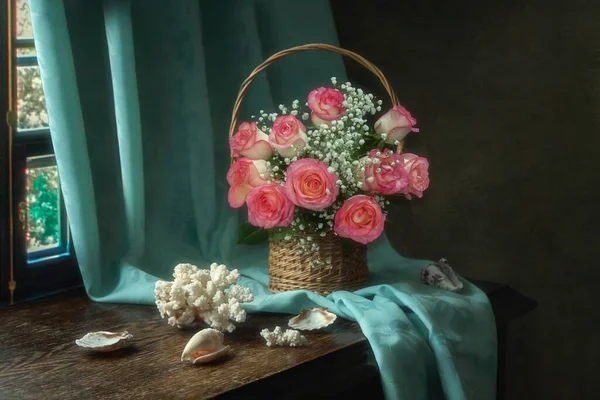 Still Life Bouquet Rose Seashells — Stock Photo, Image