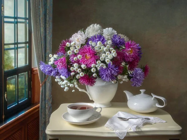 Still Life Bouquet Flowers Tea Table — Stock Photo, Image