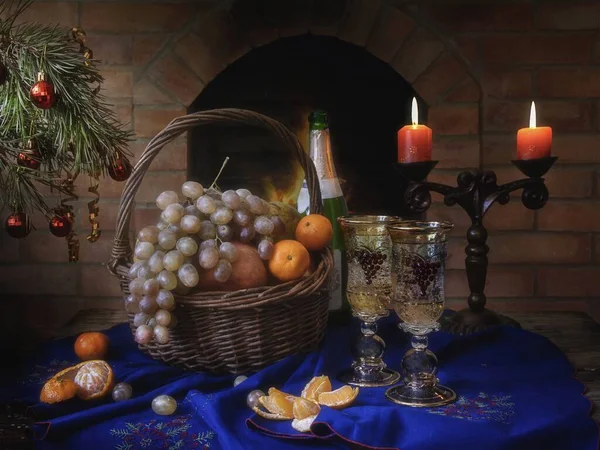 Рождество Натюрморт Фруктами Шампанским — стоковое фото