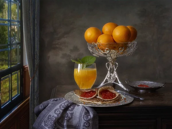 Stillleben Mit Orangensaft Und Früchten — Stockfoto