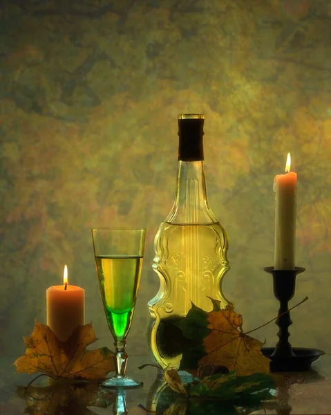 Automne Nature Morte Avec Vin Des Bougies — Photo