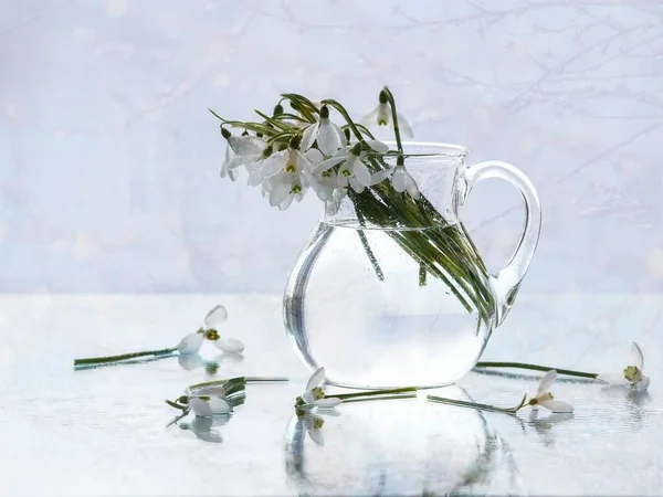 Nature Morte Avec Des Fleurs Chute Neige Sur Verre — Photo