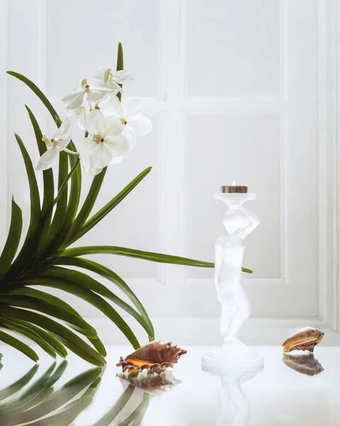 Stillleben Mit Weißer Orchidee Und Leuchter — Stockfoto