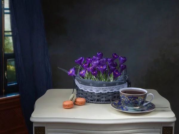 Still Life Spring Crocuses Tea Table — Stock Photo, Image