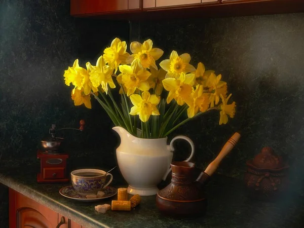 Spring Still Life Daffodils Coffee Kitchen — Foto de Stock