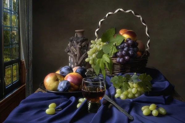 Nature Morte Avec Fruits Verre Vin — Photo