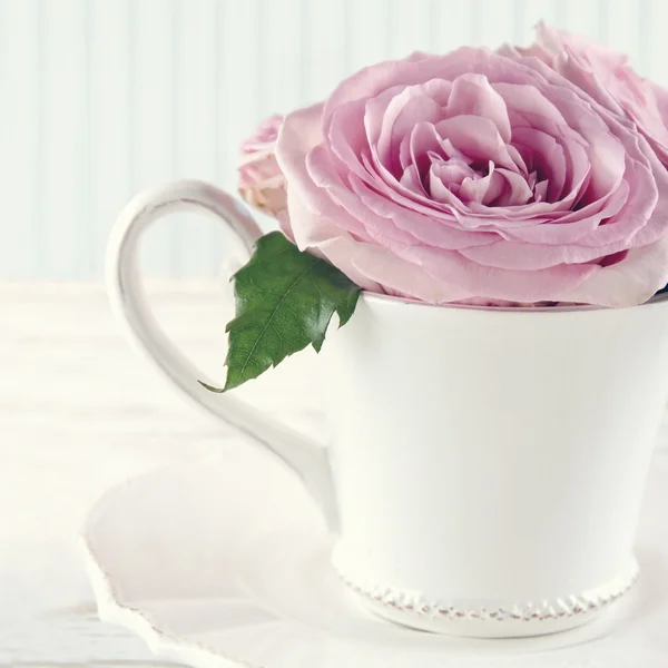 Cup filled with a bouquet of romantic pink roses2 — Stock Photo, Image