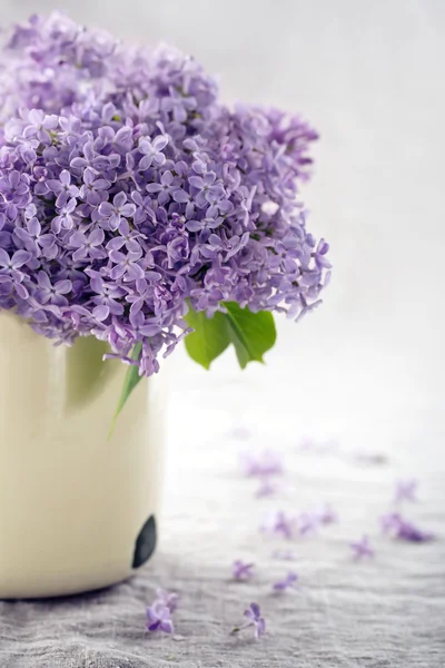 Vas med en bukett av lila lila vårblommor — Stockfoto