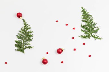 Tui 'nin ladin yeşil dalları kırmızı böğürtlenlerle süslenmiştir. Yeni yıl kavramı.