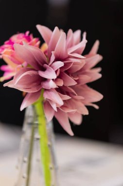 Siyah arka planda, üçgen bir vazoda suni bir çiçek buketi..