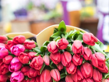 Büyük bir çiçekçinin tezgahında farklı lalelerden oluşan kocaman buketler. Çiçek Satış Merkezi,