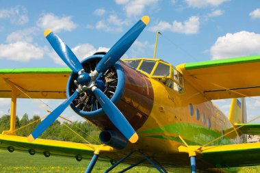 22 Mayıs 2021, Rusya, Moskova. An-2 uçağının parlak renkleri havaalanının otoparkında. Önden görünüm