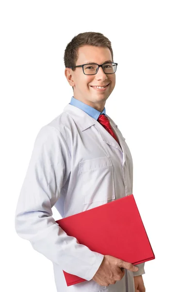 Πορτρέτο Ενός Νεαρού Χαμογελαστού Επιτυχημένου Γιατρού Καυκάσιου Στολή Λευκό Απομονωμένο — Φωτογραφία Αρχείου