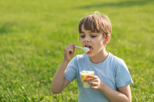 Кавказький хлопчик сидить на галявині зеленої трави спекотного літнього дня і їсть морозиво, яке апетитне.. — стокове фото