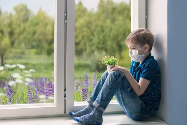 Caucasian boy sits on a windowsill with artificial flowers in a pot. Polinosis, allergic reactions — Stock Fotó