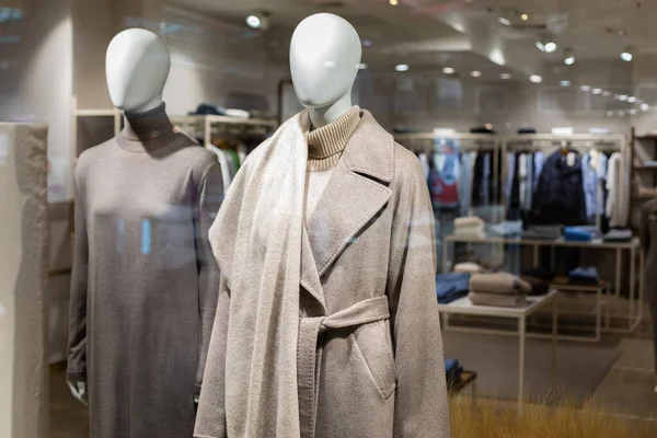 Dos maniquíes femeninos en la ventana de una gran tienda de ropa exterior. Otoño abrigo de invierno en ellos — Foto de Stock