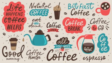 Kahve fincanı tipografisi ve illüstrasyonundan alıntı yap. Kaligrafi stili alıntısı. Dükkan promosyon elemanları. Grafik tasarım harfleri. Kahve dükkanı, vektör..