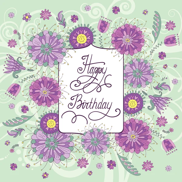 Hermosa tarjeta de cumpleaños con flores — Vector de stock