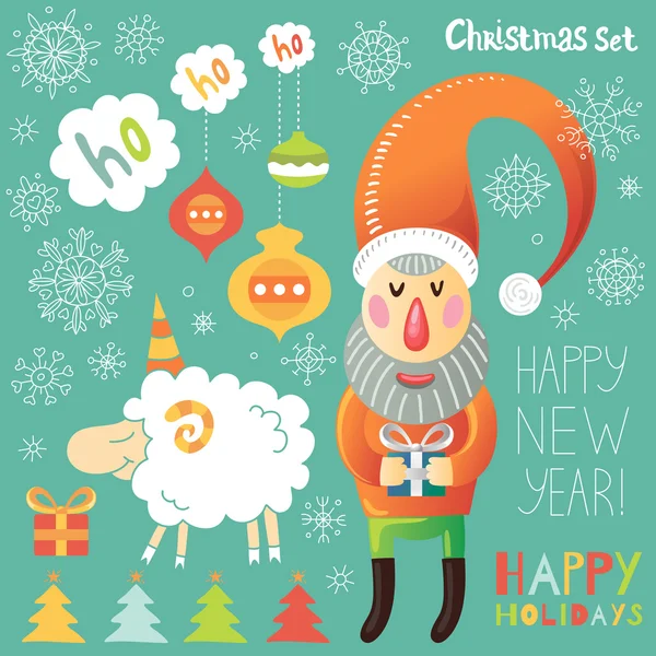 Conjunto de Natal com Papai Noel e ovelhas — Vetor de Stock