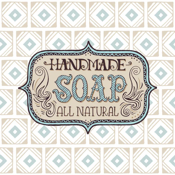 Hand drawn label and pattern for handmade soap bar — Stock Vector