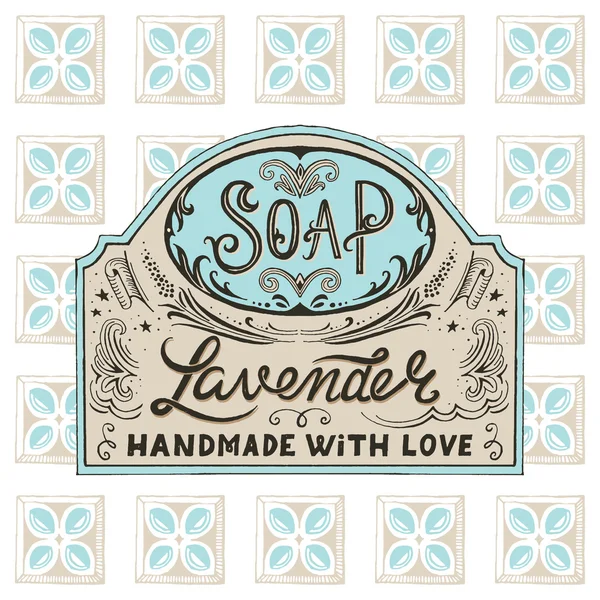 Hand dras etikett och mönster för handmade soap bar Vektorgrafik