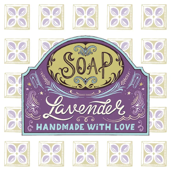 Hand dras etikett och mönster för handmade soap bar Royaltyfria Stockvektorer