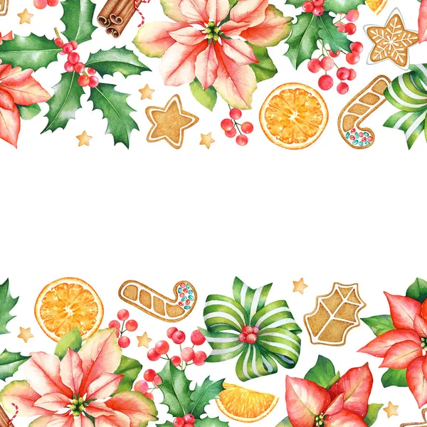 Cornice Con Fiori Poinsettia Acquerello Rami Agrifoglio Con Bacche Biscotti — Foto Stock